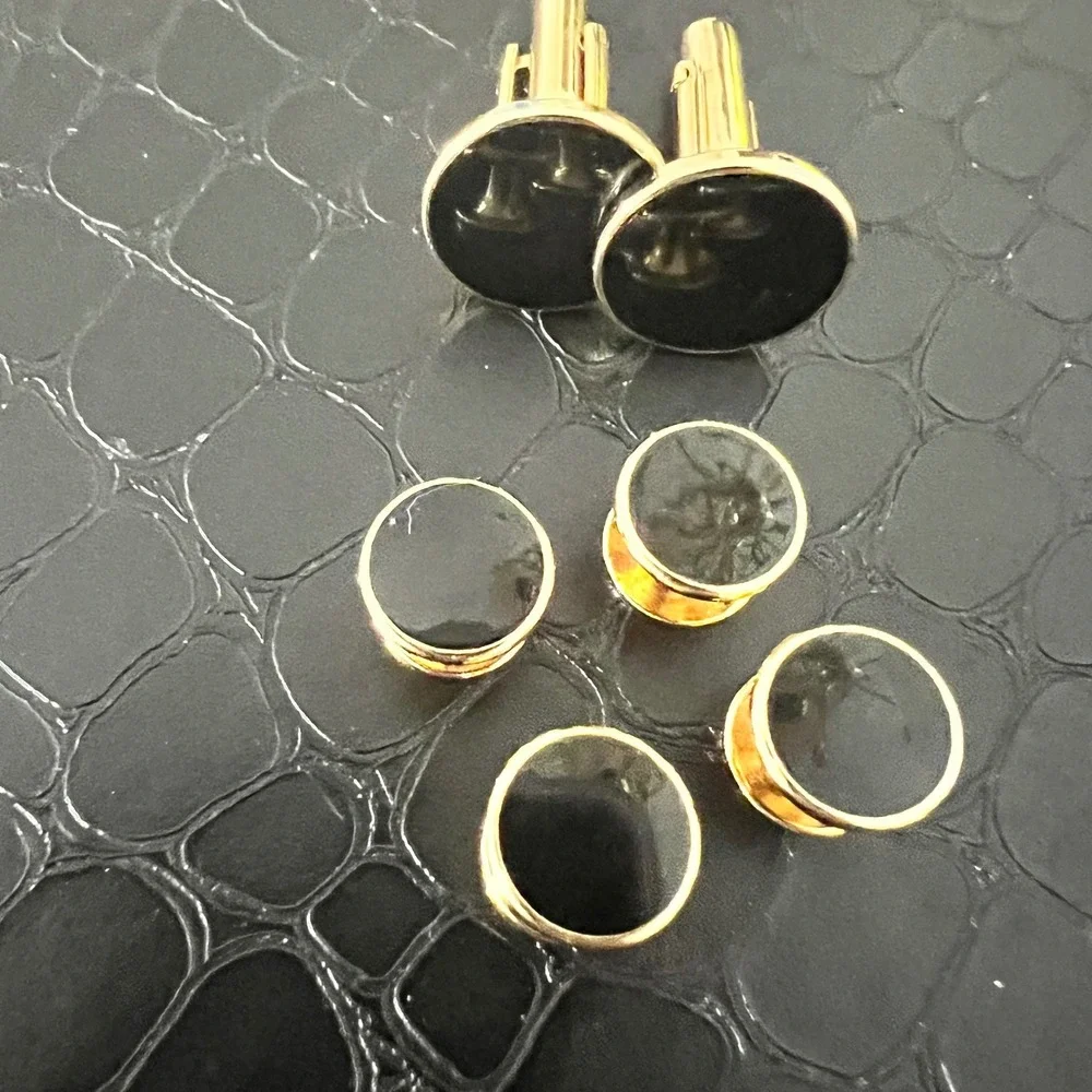 Vintage Gold Tone Tuxedo Black Enamel Cufflinks & Shirt Studs Set 6pc Classic